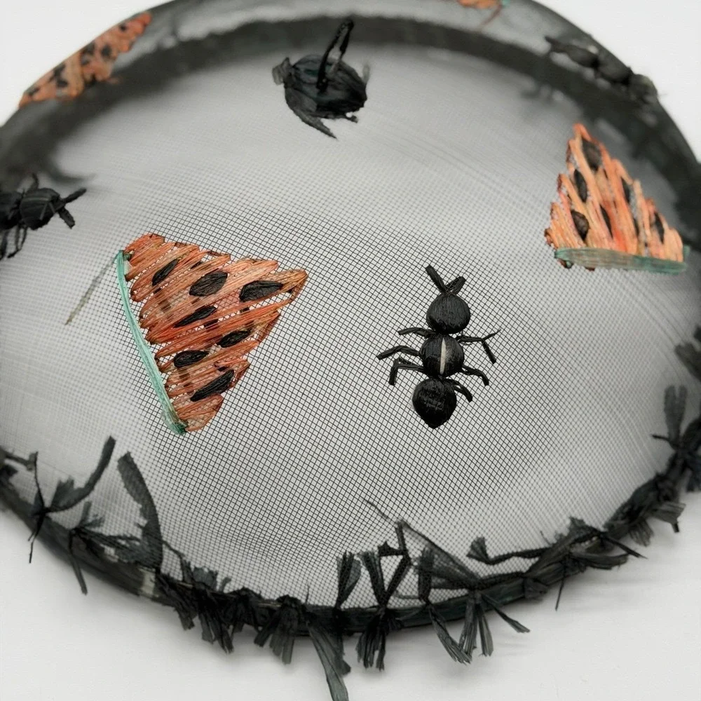 Vintage Style Mesh Food Cover Watermelon Ants Raffia Detail Black 14 Inch Dome